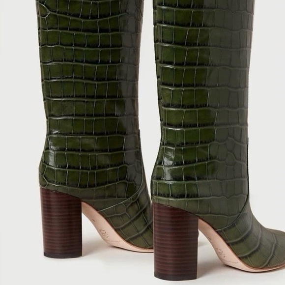 Loeffler Randall Tall Goldy Leather Croc Forest Green Heel Knee Boot Pull On 6 - Picture 3 of 14